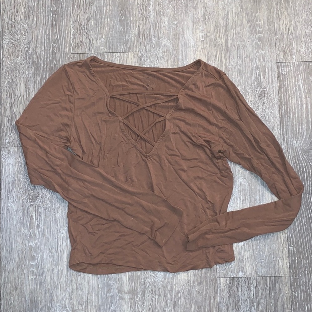 me to we tan long sleeve crisscross top